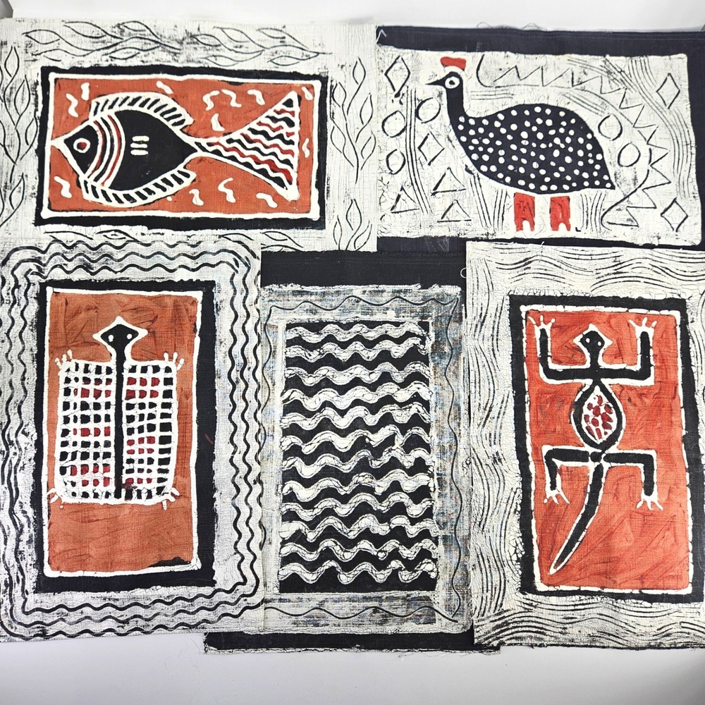 Vintage African‎ Painted? Fabric Panels Set of 5 Guinea Fowl Lizard Abstract Art